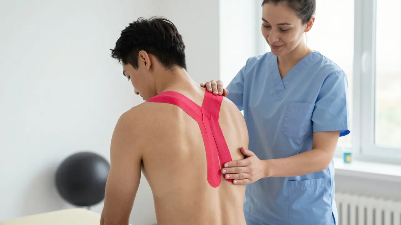 Fyzioterapeut ukazuje správné přilepení tejpů na záda v klinice.