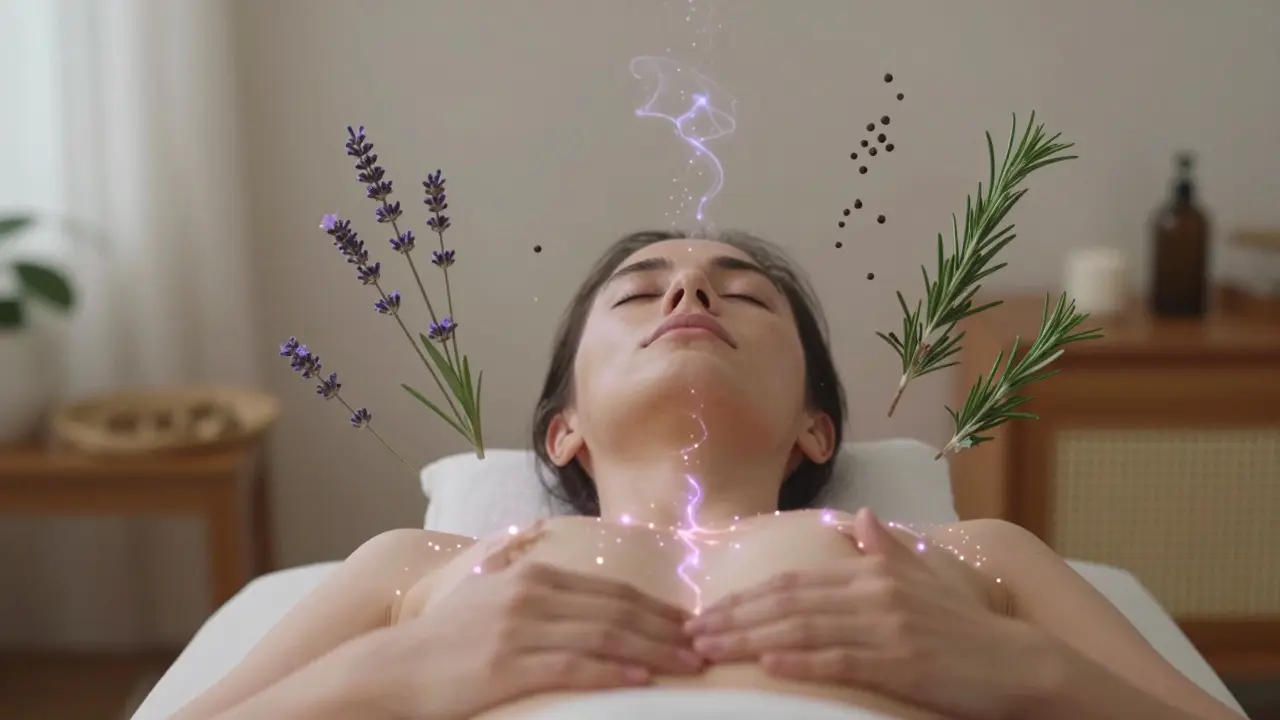 Osoba po aromaterapeutické masáži v klidu, jemné světelné stopy olejů se zdají stoupat z kůže, botanické prvky ve vzduchu.