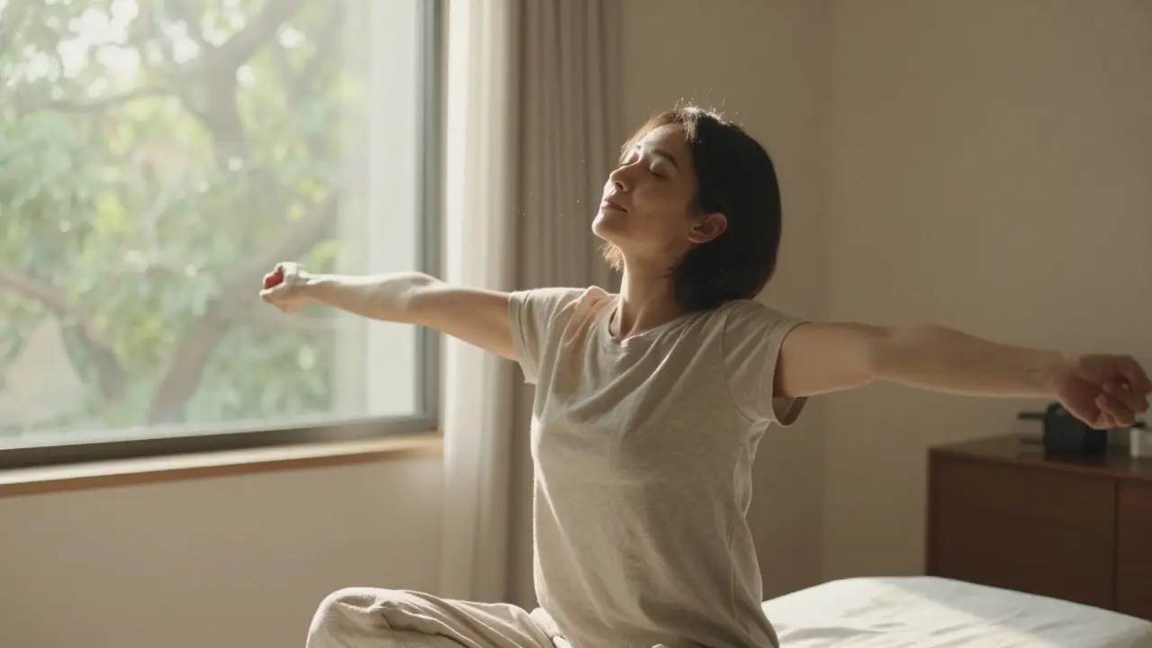 Osoba v klidné atmosféře cítící úlevu po regenerační proceduře.