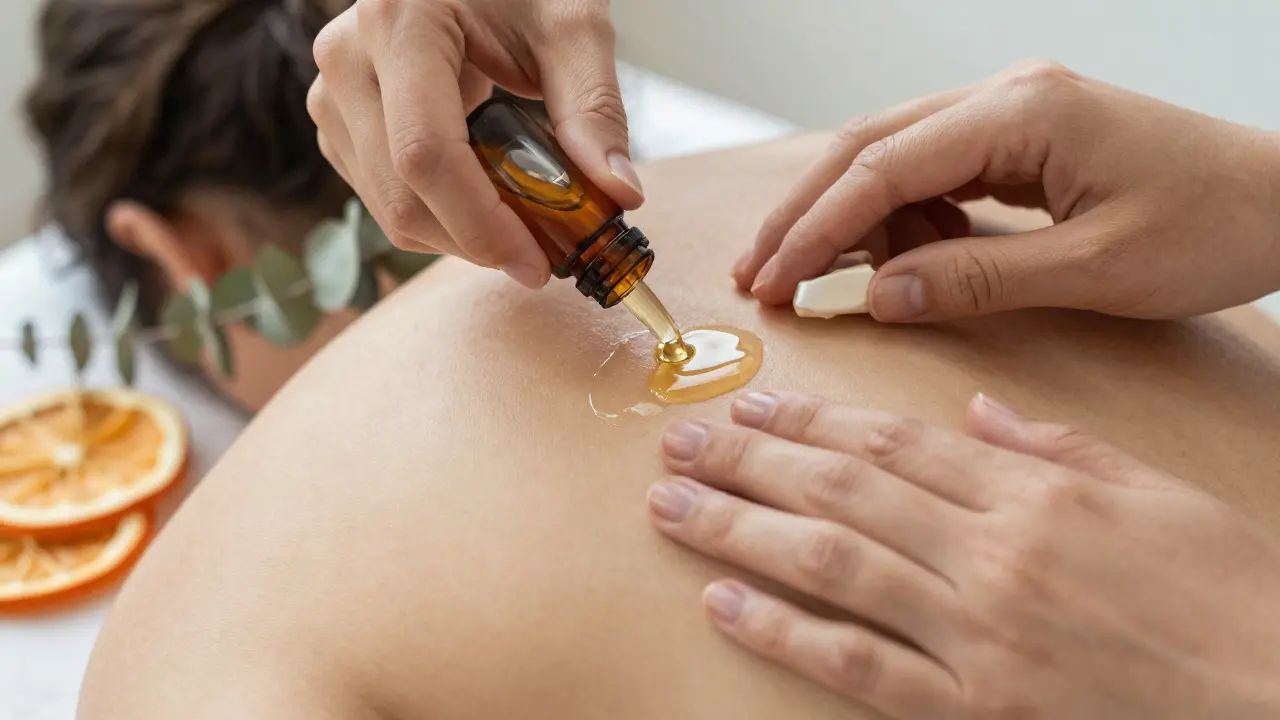 Ruce aplikují přírodní esenciální oleje na záda, okolí jsou citrusové kůry a eukalyptus, přirozené osvětlení.
