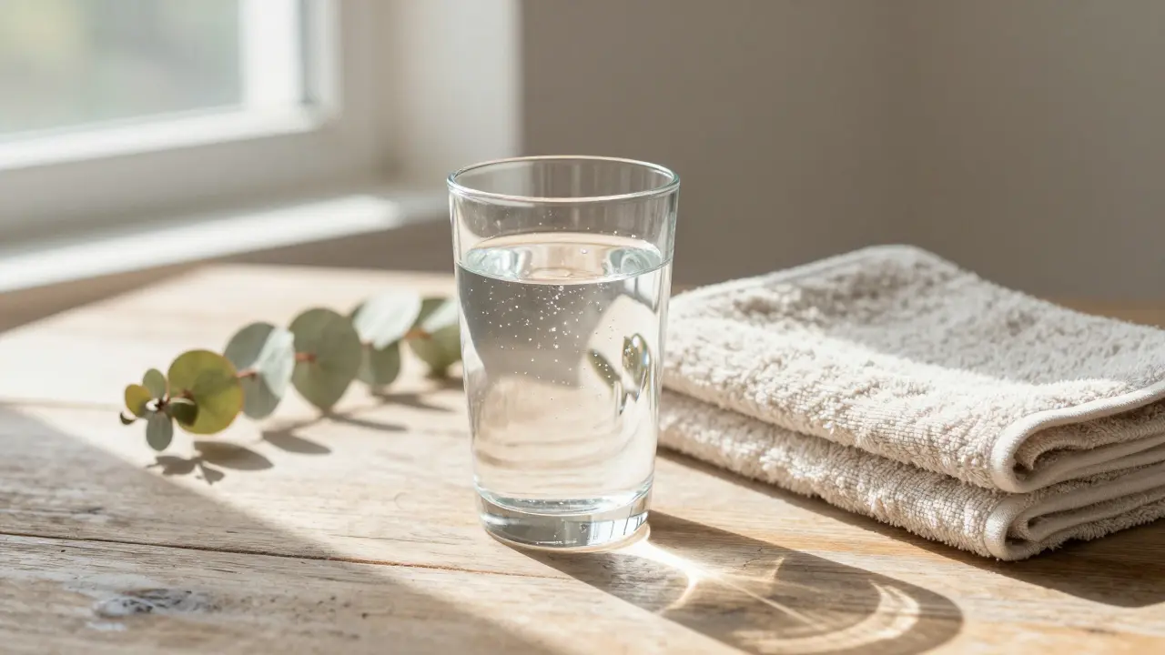 Sklenice vody a ručník na stole pro hydrataci po proceduře.