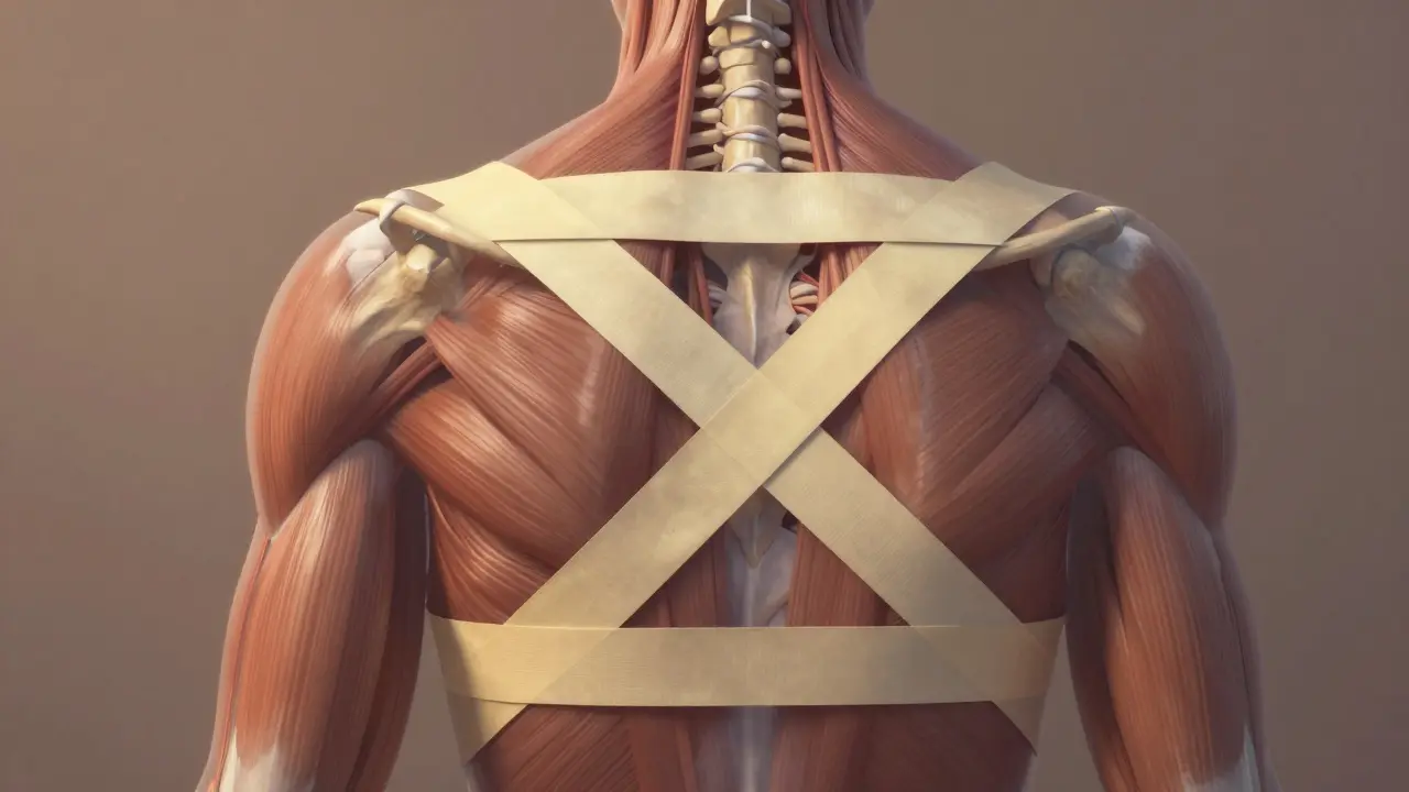 Transparentní ilustrace klíční kosti s podpěrnými kousky tejpu v tvaru Y, X a vodorovně.