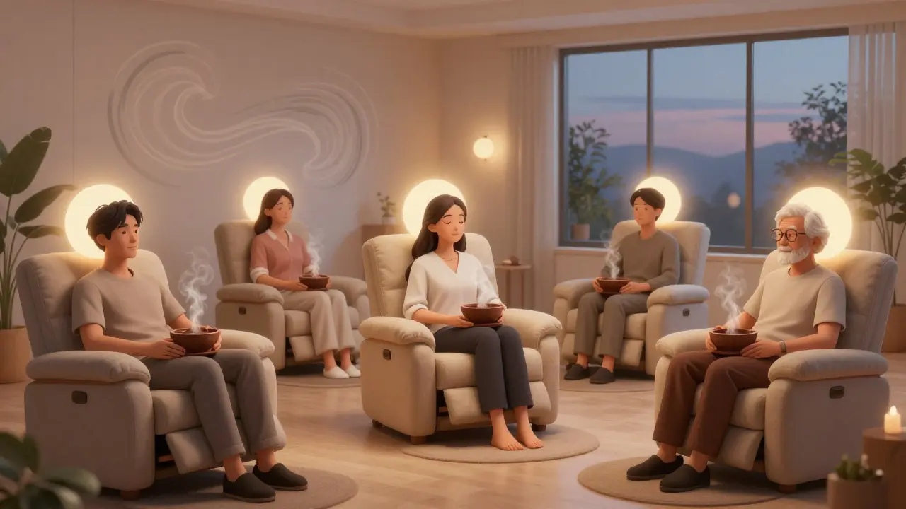 Tři lidé sedí v klidném prostředí s čokoládou, každý vlastním pohodím, symbolizující obnovu a klid.