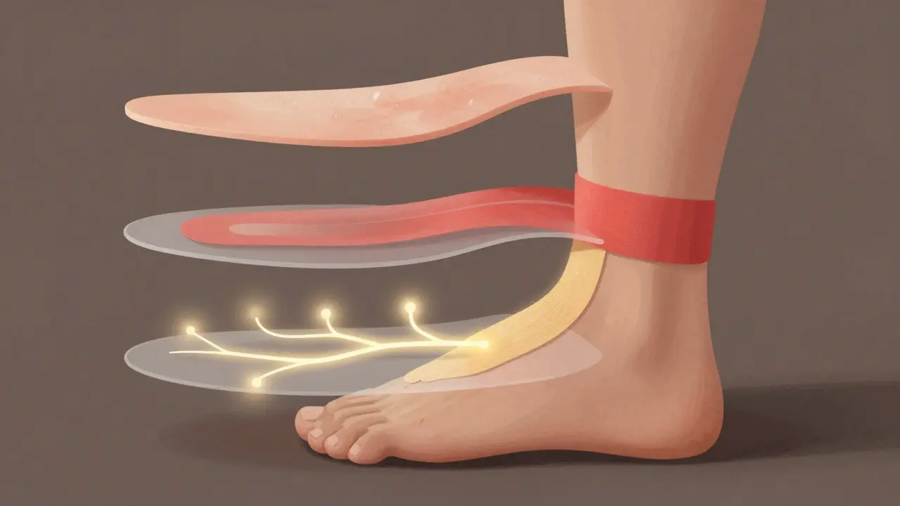 Třívrstvý diagram ukazující, jak tejp ovlivňuje kůži, krevní oběh a nervy.