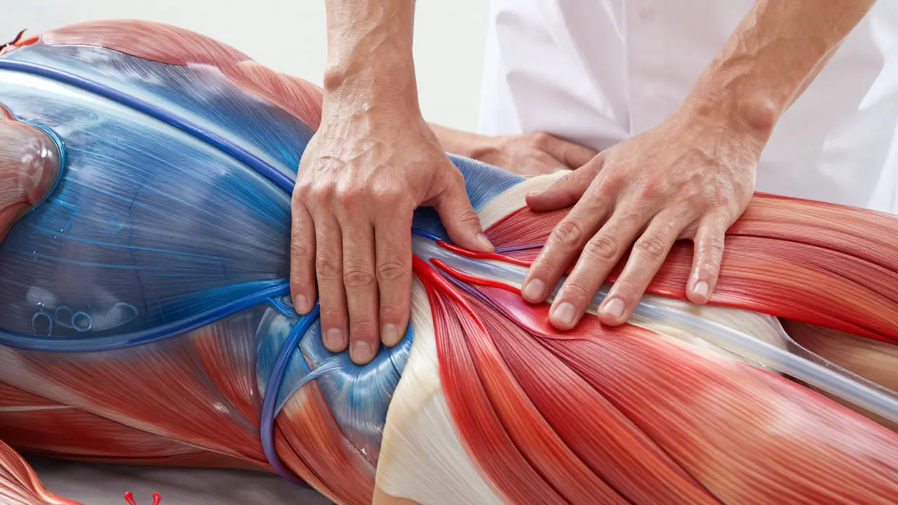 3D vizualizace zlepšení prokrvení a proudění lymfy v svalové tkáni.