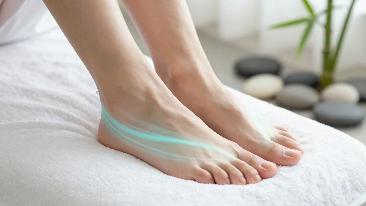 Detail nahořłych nohou s vizuální reprezentací lymfatické drenáže.