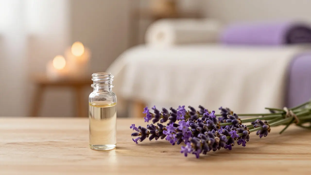 Esenciální olej z levandule a svíčky v uklidňujícím prostředí pro relaxaci.