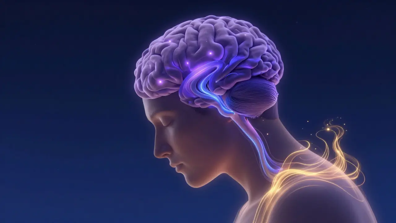 Ilustrace uvolnění napětí v těle a produkce melatoninu pro lepší spánek.