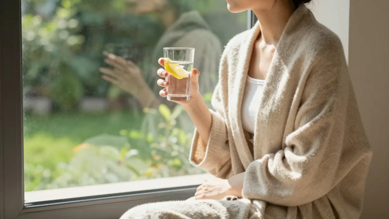 Klidná osoba s pohárem vody v přirozeném světle, vyzařující pocit hlubokého uvolnění.