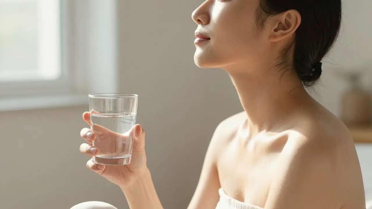 Klidná osoba s pohárem vody v ranním slunci po regenerační masáži.