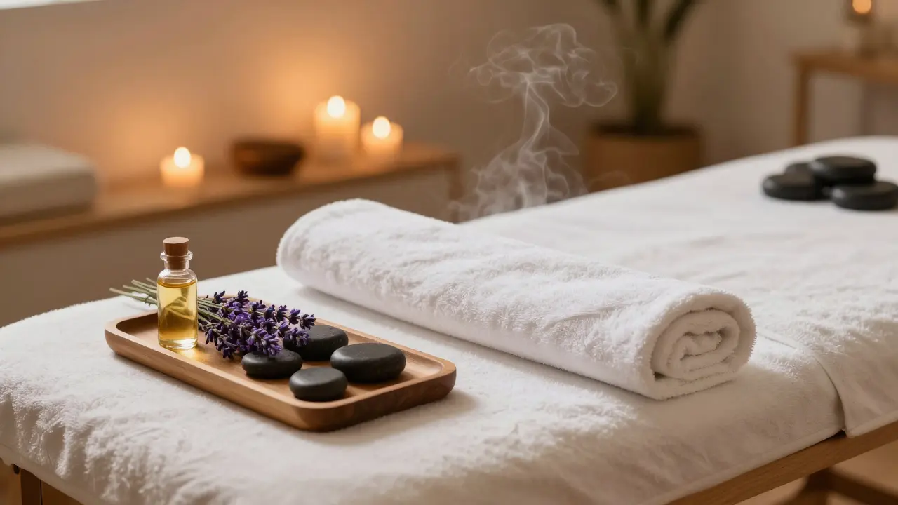 Klidné prostředí masážního salonu s esenciálním olejem, levandulí a horkými kameny.