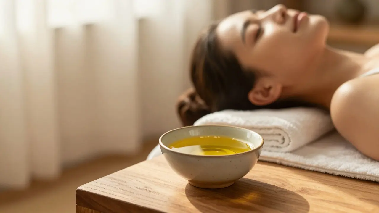 Klidné prostředí pro domácí ajurvédskou masáž s miskou teplého oleje.