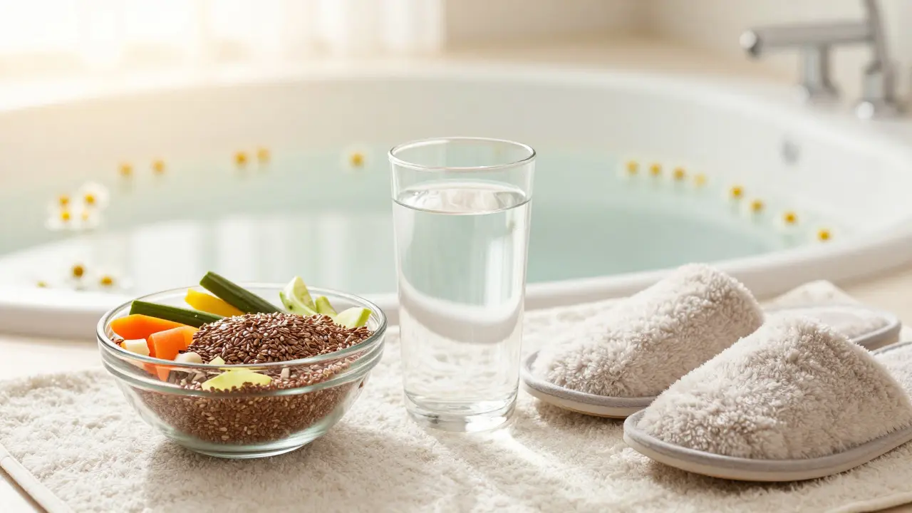 Stůl s vodou a vlákninou vedle koupelového předmětu, symbolizující komplexní péči o zdraví.