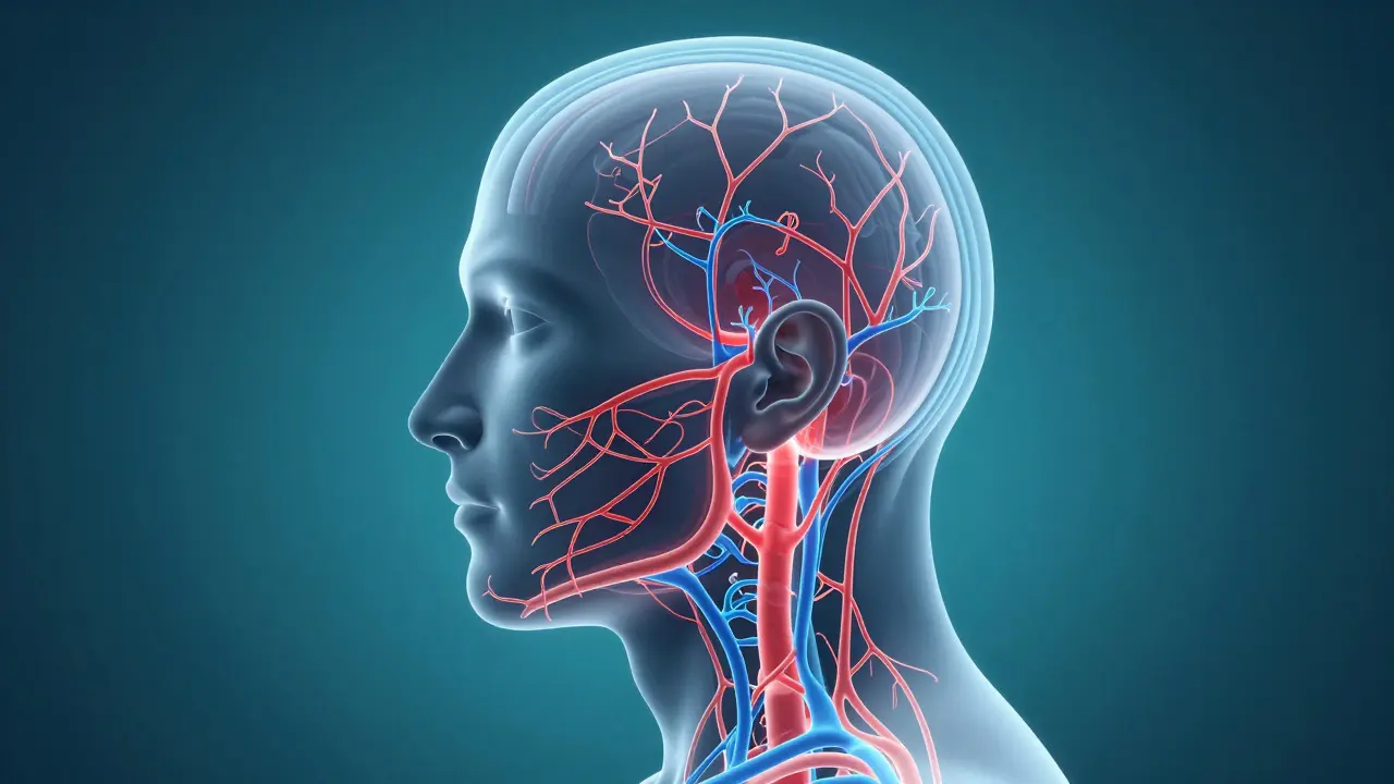 Umělecká anatomická ilustrace lymfatického systému a prokrvení hlavy.