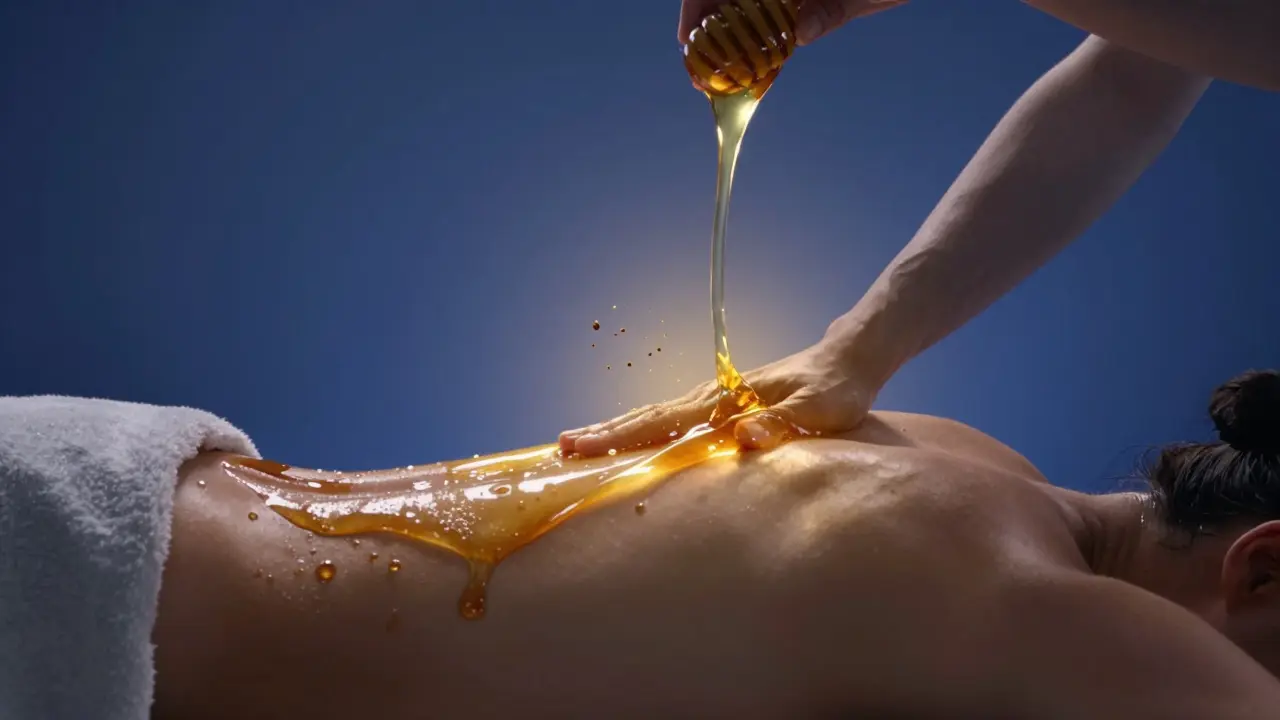 Abstraktní zobrazení odstraňování toxinů z těla pomocí medové masáže.
