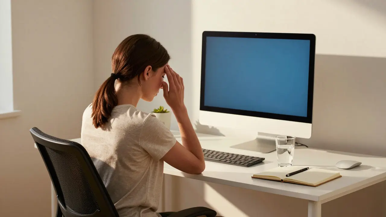 Ergonomicky nastavený pracovní stůl s monitorem ve výšce očí a sklenicí vody