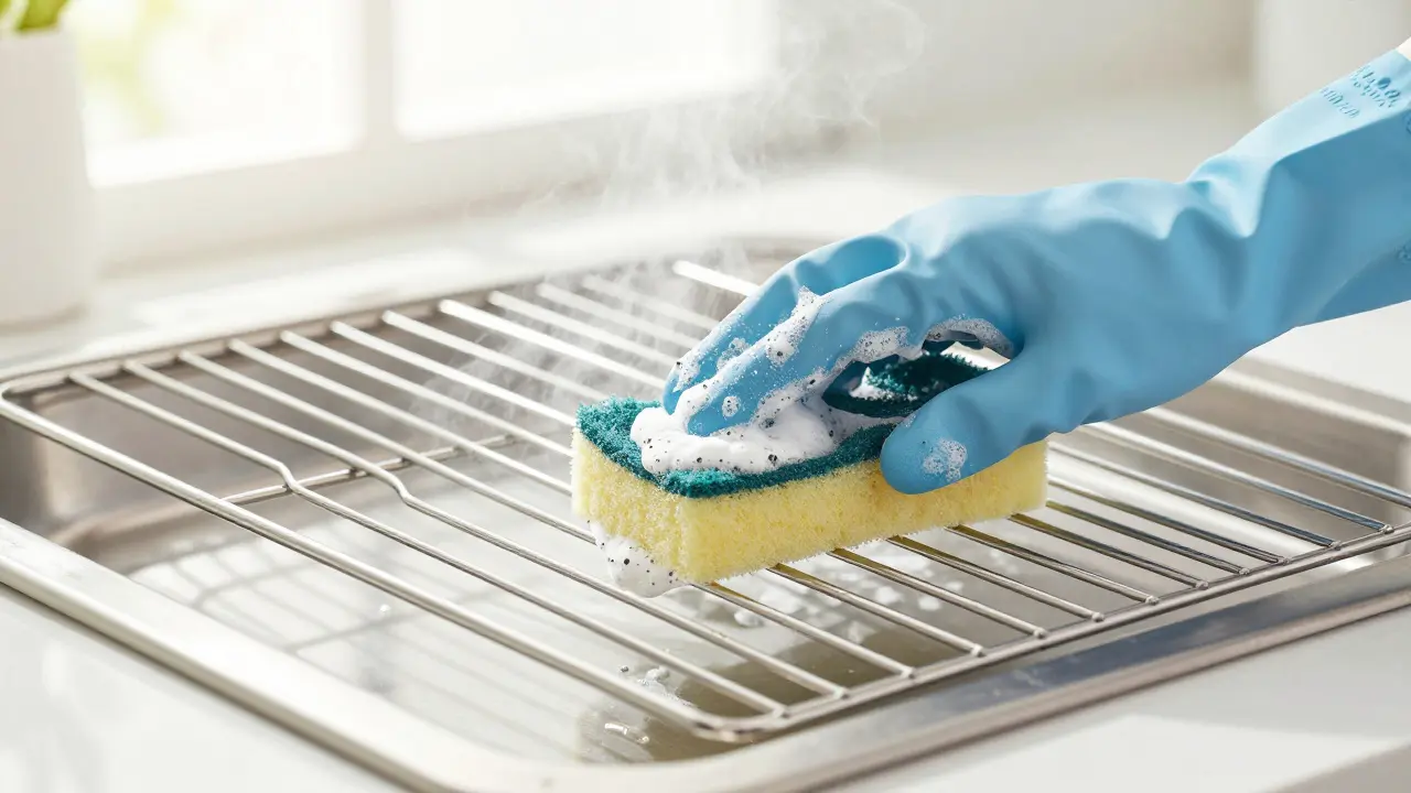 Ruče čistící lesklý rošt grilu houbou a pěnou