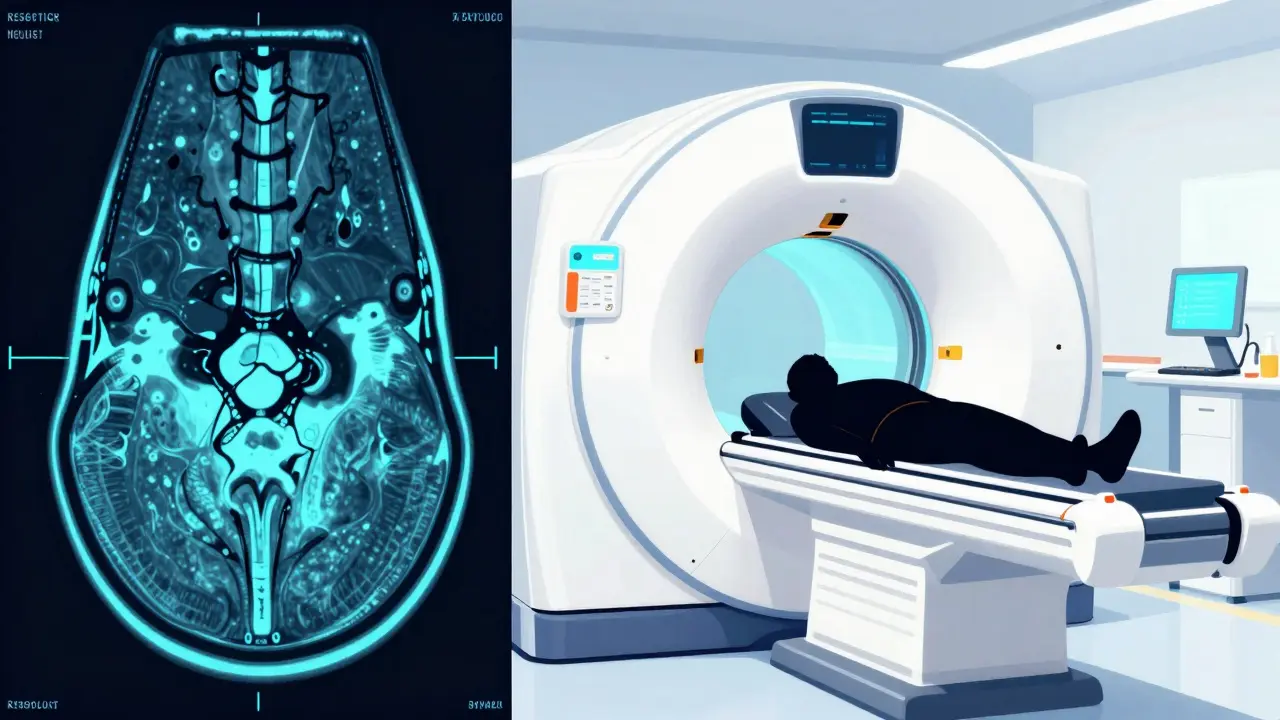 MRI sken páteře ukazující detailní diagnostiku měkkých tkání a kostí