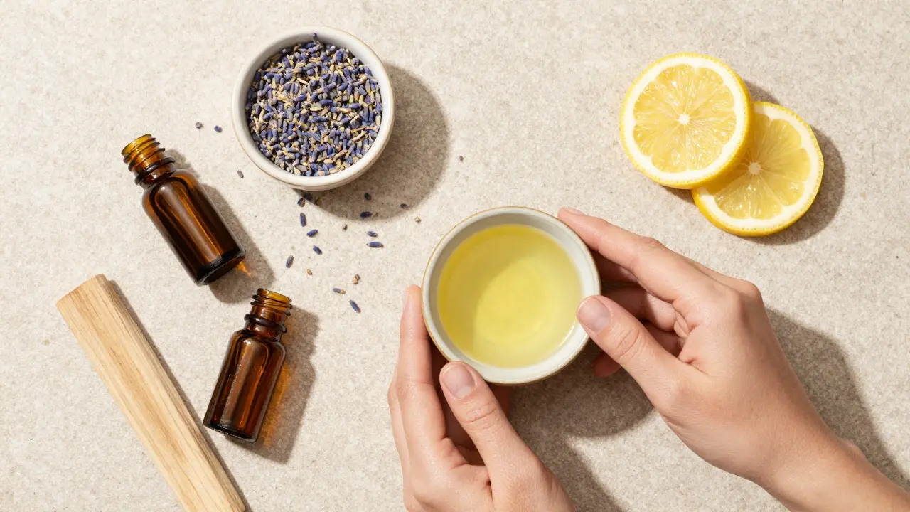 Pohled shora na přírodní ingredience pro domácí aromaterapii