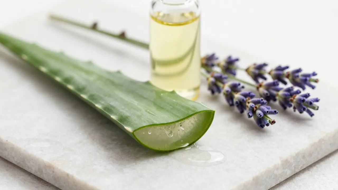 Přírodní složky jako aloe vera a levandule na kamenném povrchu