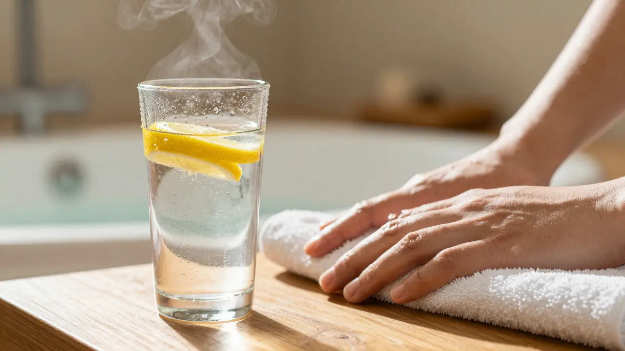 Sklenice vody s citronem po masáži pro hydrataci