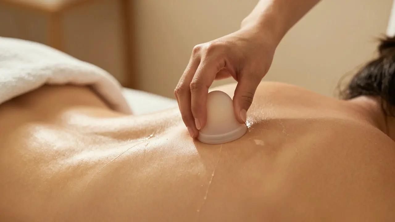 Terapeut provádí klouzavou masáž záda pomocí silikonové baňky v relaxačním prostředí.