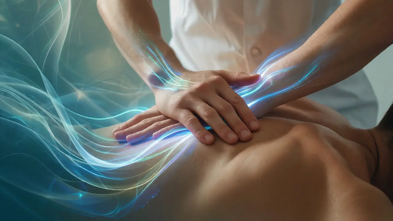 Konceptuální znázornění toku energie při masáži zad pomocí svítivých světelných stop.