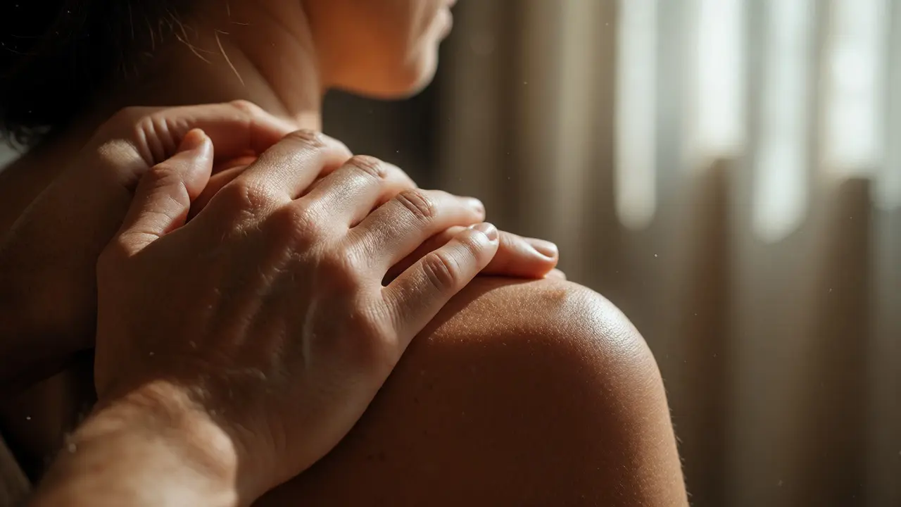 Detail rukou terapeuta na rameni klienta v měkkém světle
