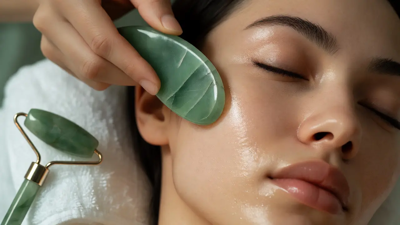 Jadeitový nástroj Gua Sha masíruje tvář pro lymfatickou drenáž