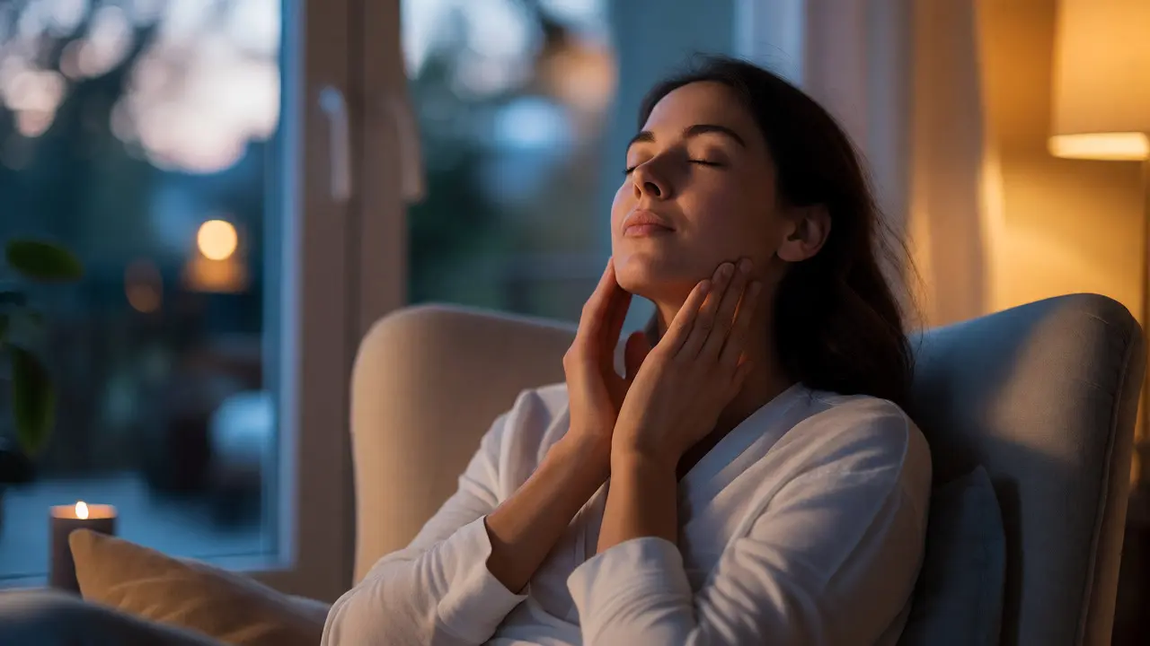 Žena relaxuje po masáži obličeje v teplém večerním osvětlení